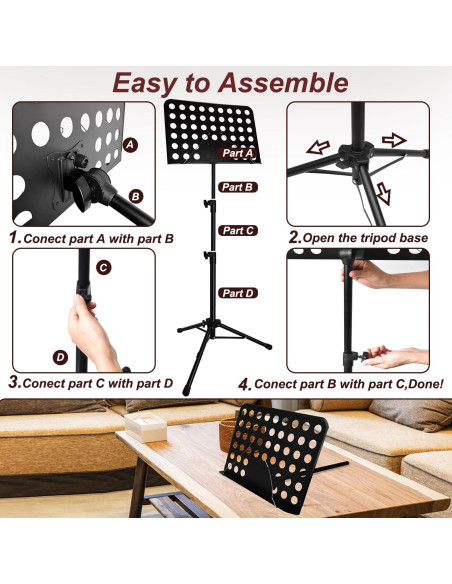 Soporte de Partituras Ajustable Metal 33-144 cm con Bolsa