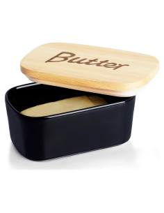 Plato de Mantequilla GDCZ Cerámica con Tapa de Madera - Negro