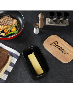 Plato de Mantequilla GDCZ Cerámica con Tapa de Madera - Negro 2