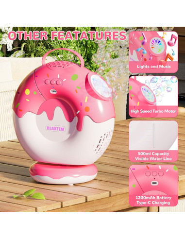 Máquina de Burbujas Recargable BLAXTEM Rosa 500ml con Luz y Música