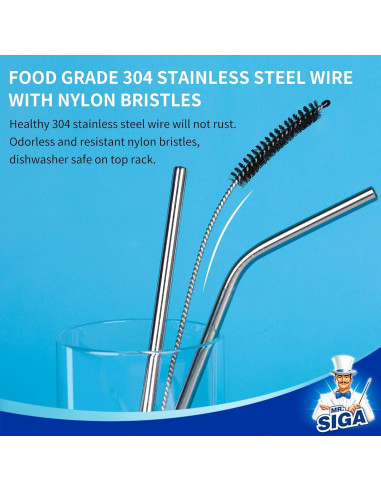 Cepillo Limpiador de Pajitas MR.SIGA 20 Piezas Acero Inoxidable