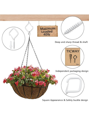 20 Ganchos de Techo Ticway para Plantas y Luces - 18.14 kg
