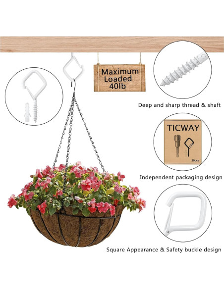 20 Ganchos de Techo Ticway para Plantas y Luces - 18.14 kg