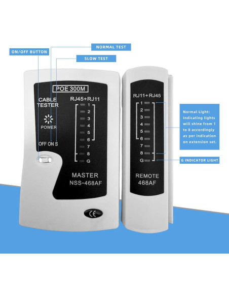 Probador de Cable de Red RJ45 YWNEGWE Cat5 Cat6 Cat7 PoE Blanco