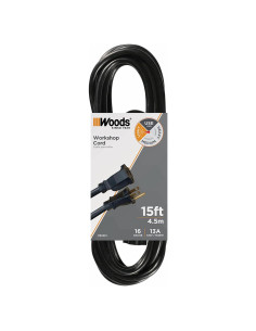 Cable de Extensión Woods 4.57m Negro 16/3 SJTW para Exterior