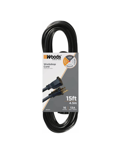 Cable de Extensión Woods 4.57m Negro 16/3 SJTW para Exterior