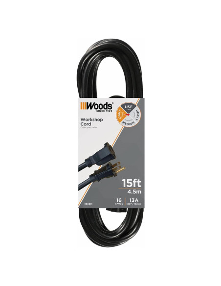 Cable de Extensión Woods 4.57m Negro 16/3 SJTW para Exterior