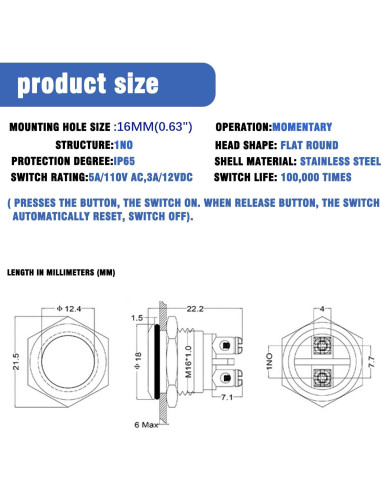 6 Interruptores de Botón Redondo Lhazemu 16mm Impermeables