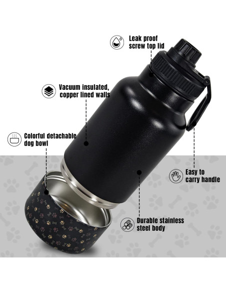 Botella de Agua Portátil para Perros AGH 0.95L Doble Pared Negro