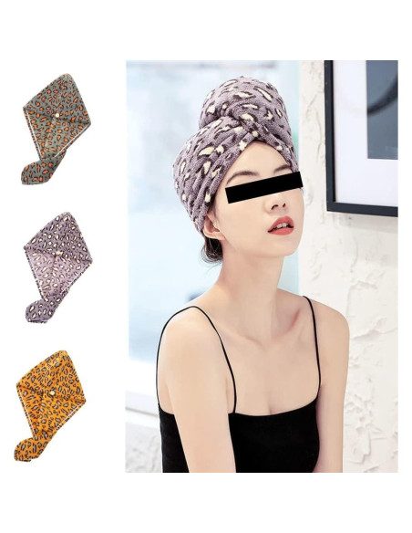 Toalla de Microfibra para Cabello wiiAiloo 3 Pcs Estampado Leopardo