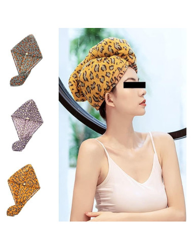 Toalla de Microfibra para Cabello wiiAiloo 3 Pcs Estampado Leopardo