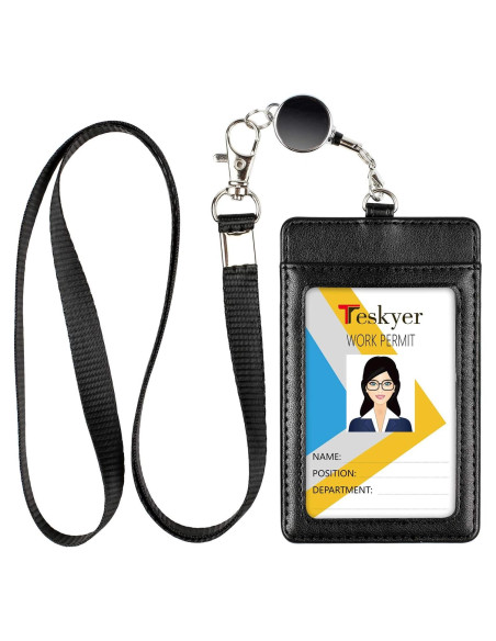 Porta Credencial de Cuero Teskyer Retráctil Negro con Carrete
