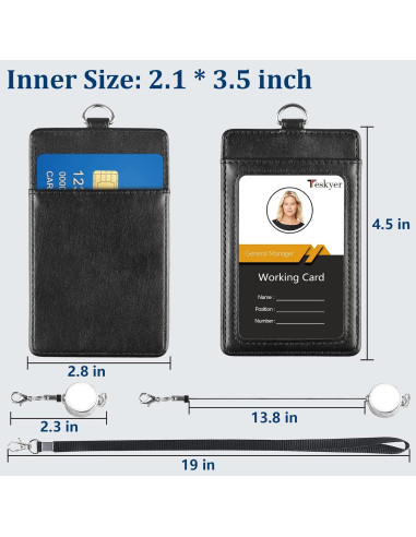 Porta Credencial de Cuero Teskyer Retráctil Negro con Carrete