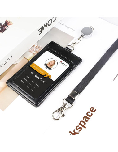 Porta Credencial de Cuero Teskyer Retráctil Negro con Carrete