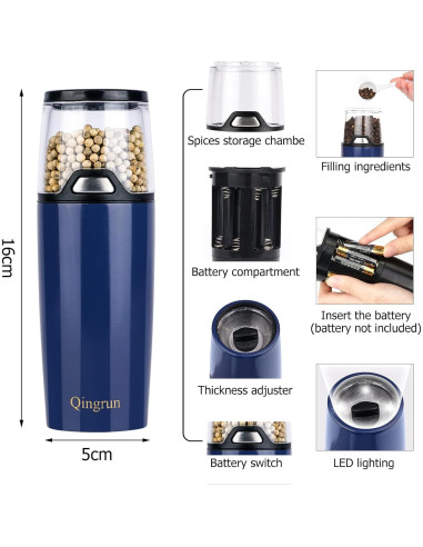 Molino Eléctrico de Sal y Pimienta Qingrun Azul 68.5g