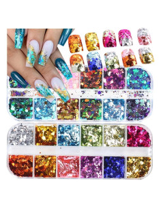 Kit de Purpurina Holográfica UARUOGP 2 Cajas 24 Colores Uñas