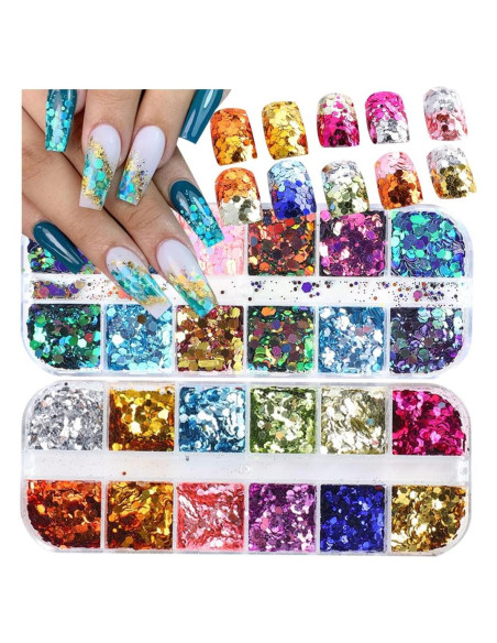 Kit de Purpurina Holográfica UARUOGP 2 Cajas 24 Colores Uñas