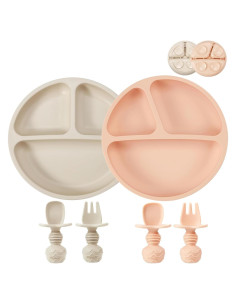 Set de Alimentación para Bebés PandaEar - 2 Platos Silicona Rosa