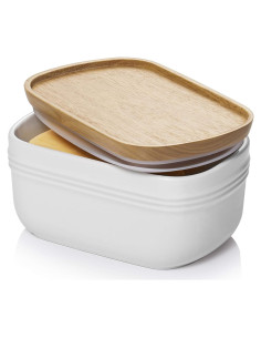 Plato de Mantequilla DOWAN Cerámica Blanco con Tapa de Madera