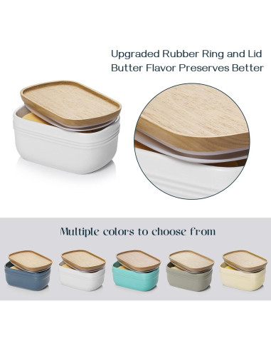 Plato de Mantequilla DOWAN Cerámica Blanco con Tapa de Madera