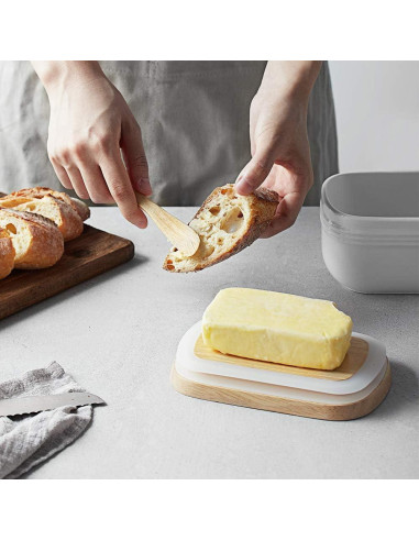 Plato de Mantequilla DOWAN Cerámica Blanco con Tapa de Madera