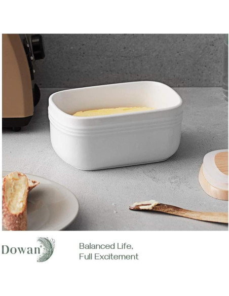 Plato de Mantequilla DOWAN Cerámica Blanco con Tapa de Madera