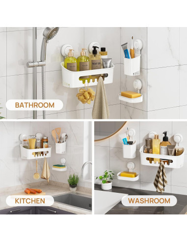 Caddy de Ducha LEVERLOC Blanco con Ventosa y Soporte Jabón