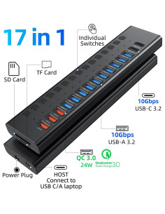 Hub USB 3.2 Alimentado VANGREE 17 en 1, 10 Puertos + Carga Rápida 2