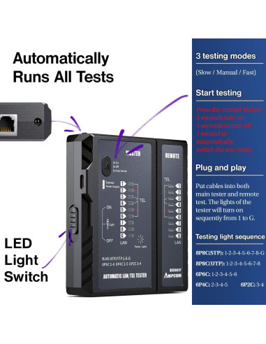 Probador de Cable de Red AMPCOM RJ45/RJ11 - Herramienta de Prueba