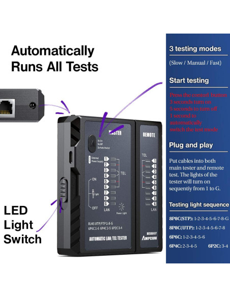 Probador de Cable de Red AMPCOM RJ45/RJ11 - Herramienta de Prueba