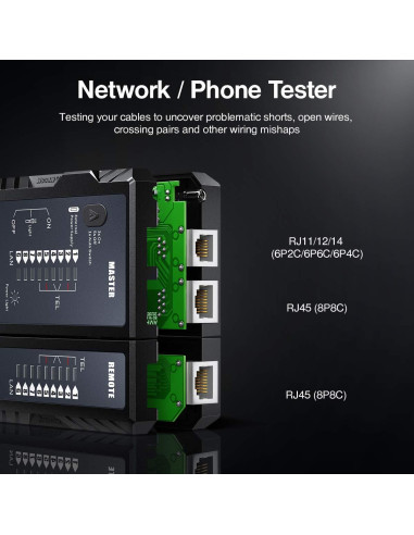 Probador de Cable de Red AMPCOM RJ45/RJ11 - Herramienta de Prueba