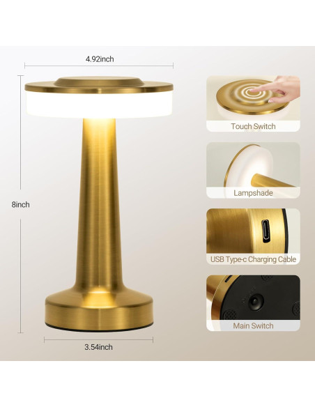 Lámpara de Mesa Inalámbrica ZOOPEEN Dorada Táctil 2800mAh