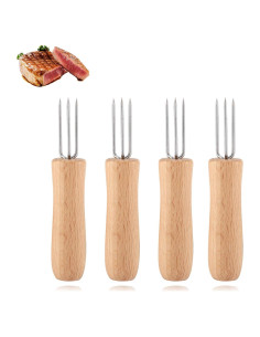 4 Tenedores de Barbacoa Acero Inoxidable Cocoarm con Mango de Madera