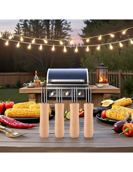 4 Tenedores de Barbacoa Acero Inoxidable Cocoarm con Mango de Madera