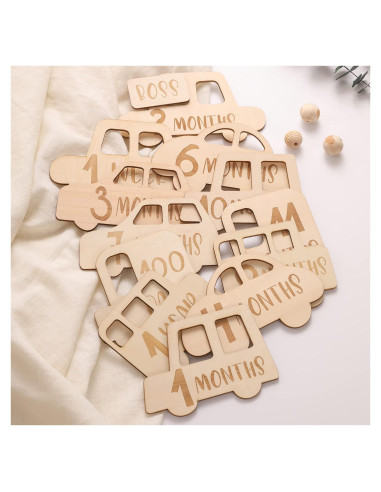 Tarjetas de Hitos Mensuales para Bebés - 15 Piezas de Madera