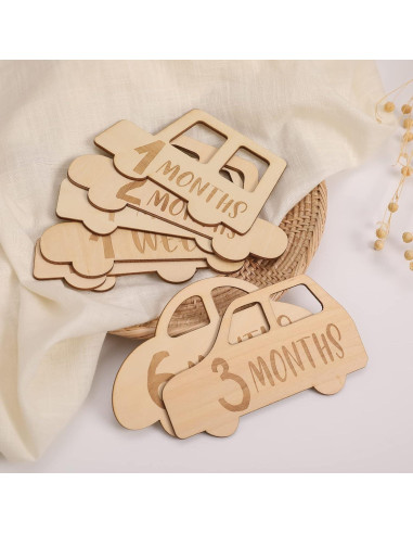 Tarjetas de Hitos Mensuales para Bebés - 15 Piezas de Madera