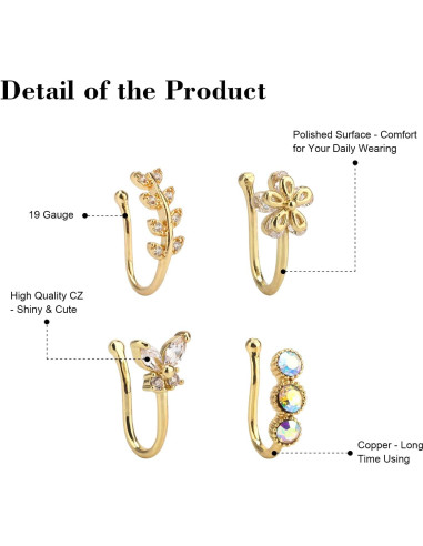 CrazyPiercing Anillo Falso de Nariz Clip 9 Piezas Joyería Mujer