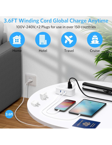 Adaptador de Enchufe de Viaje BESTEK 8 en 1 con USB-C 1.1m