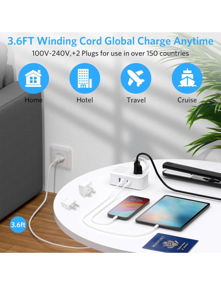 Adaptador de Enchufe de Viaje BESTEK 8 en 1 con USB-C 1.1m