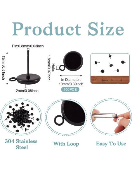 100 Piezas Aretes de Acero Inoxidable PH PandaHall 8mm Negro