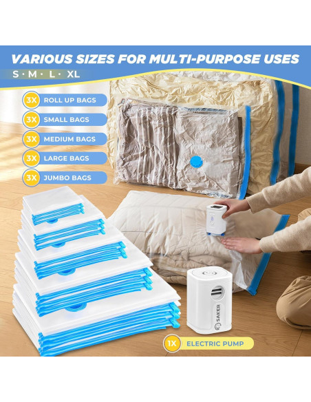Bolsas de Almacenamiento al Vacío Saker con Bomba Eléctrica 15 Piezas