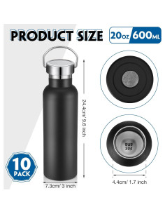 Paquete de 10 Botellas de Agua Aisladas Mimorou 591 ml Negro 2