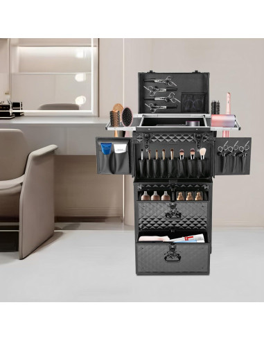 Carro de Maquillaje Rodante Grande Negro con Cerradura 4 Capas