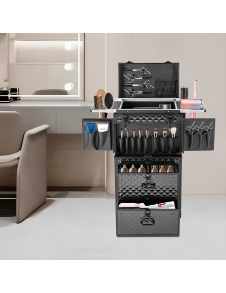 Carro de Maquillaje Rodante Grande Negro con Cerradura 4 Capas