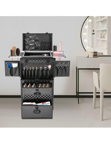 Carro de Maquillaje Rodante Grande Negro con Cerradura 4 Capas
