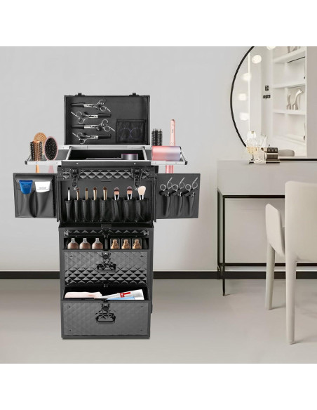 Carro de Maquillaje Rodante Grande Negro con Cerradura 4 Capas
