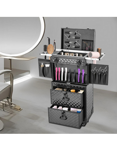 Carro de Maquillaje Rodante Grande Negro con Cerradura 4 Capas