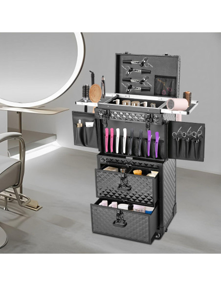Carro de Maquillaje Rodante Grande Negro con Cerradura 4 Capas