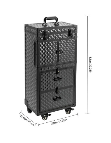 Carro de Maquillaje Rodante Grande Negro con Cerradura 4 Capas