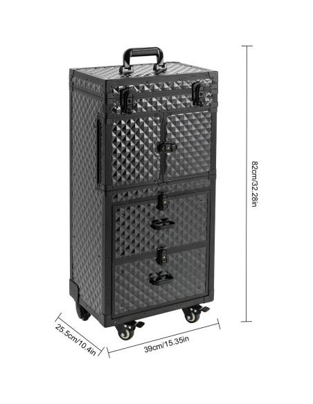Carro de Maquillaje Rodante Grande Negro con Cerradura 4 Capas